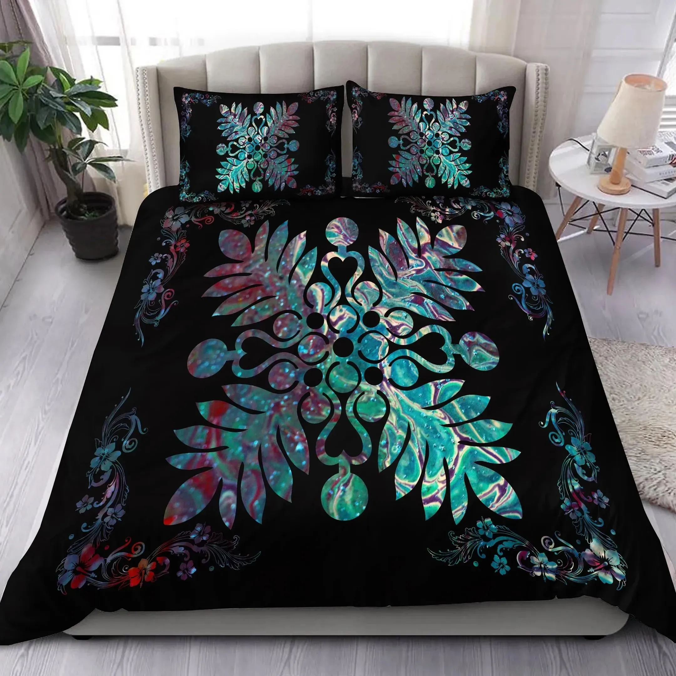 FamilyGater Home Set - Hawaiian Quilt Maui Plant And Hibiscus Pattern Bedding Set - Shell Black - AH J8