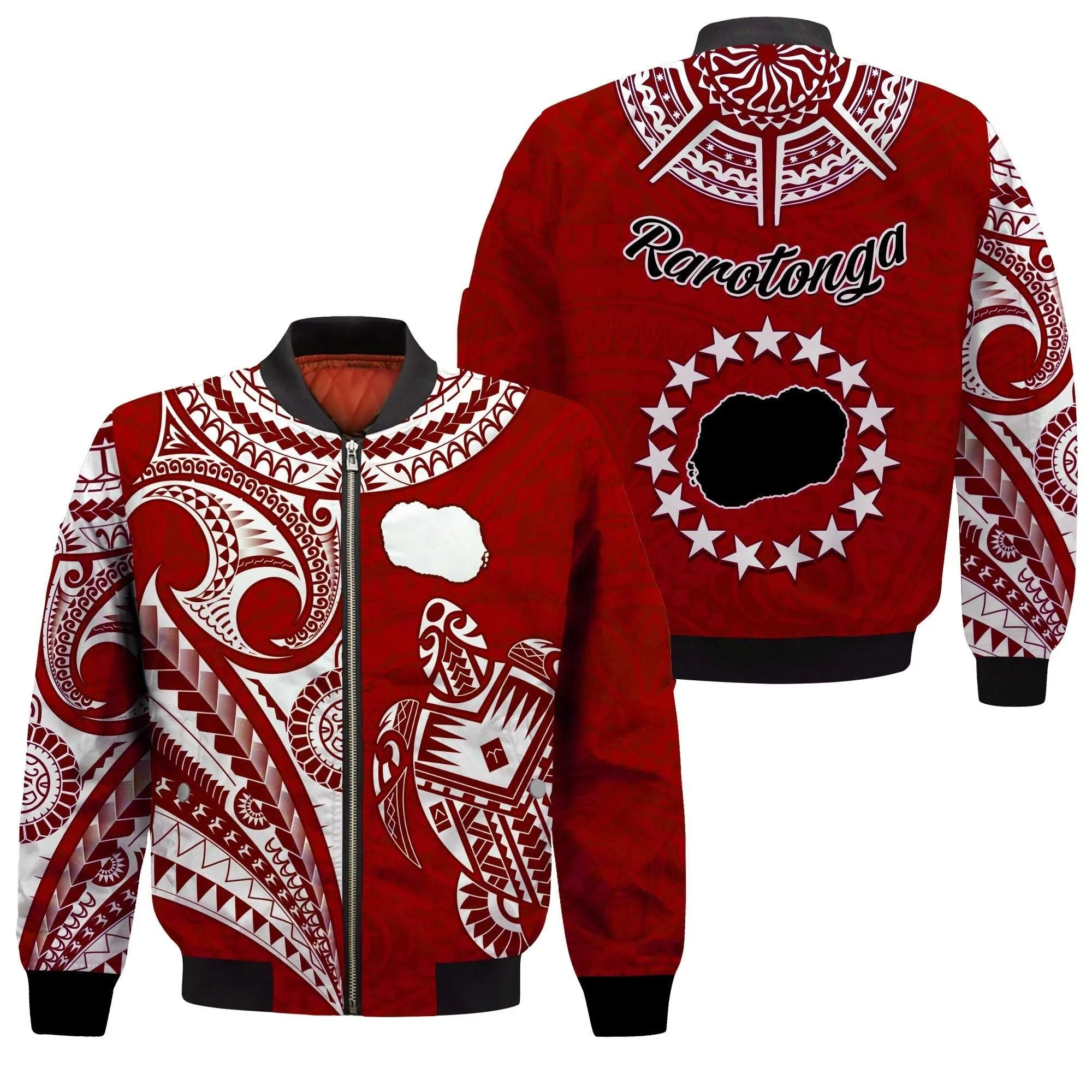 Rarotonga Cook Islands Bomber Jacket Turtle and Map Style Red LT13