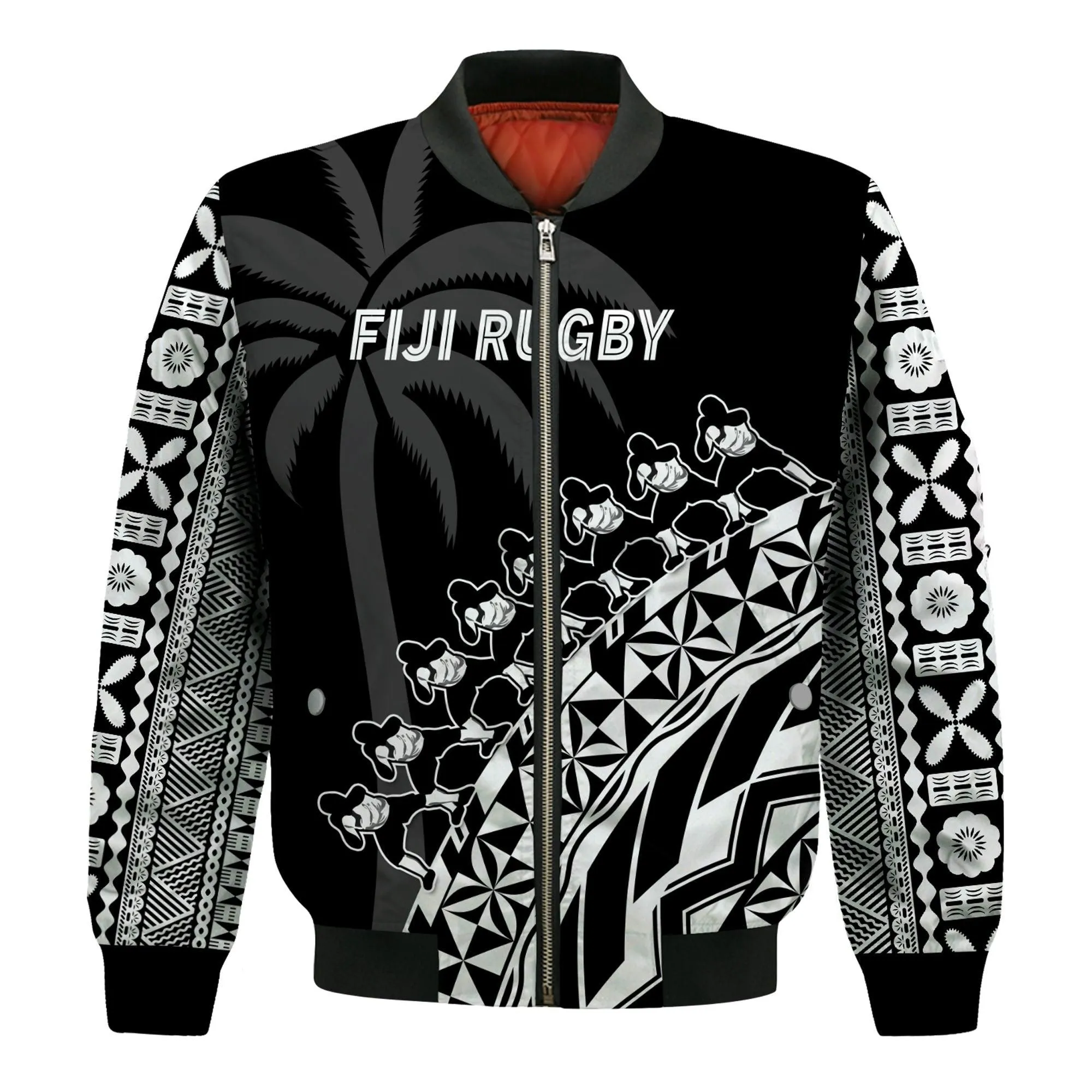 Fiji Rugby Bomber Jacket Fijian Cibi Dance Tapa Pattern Black LT14