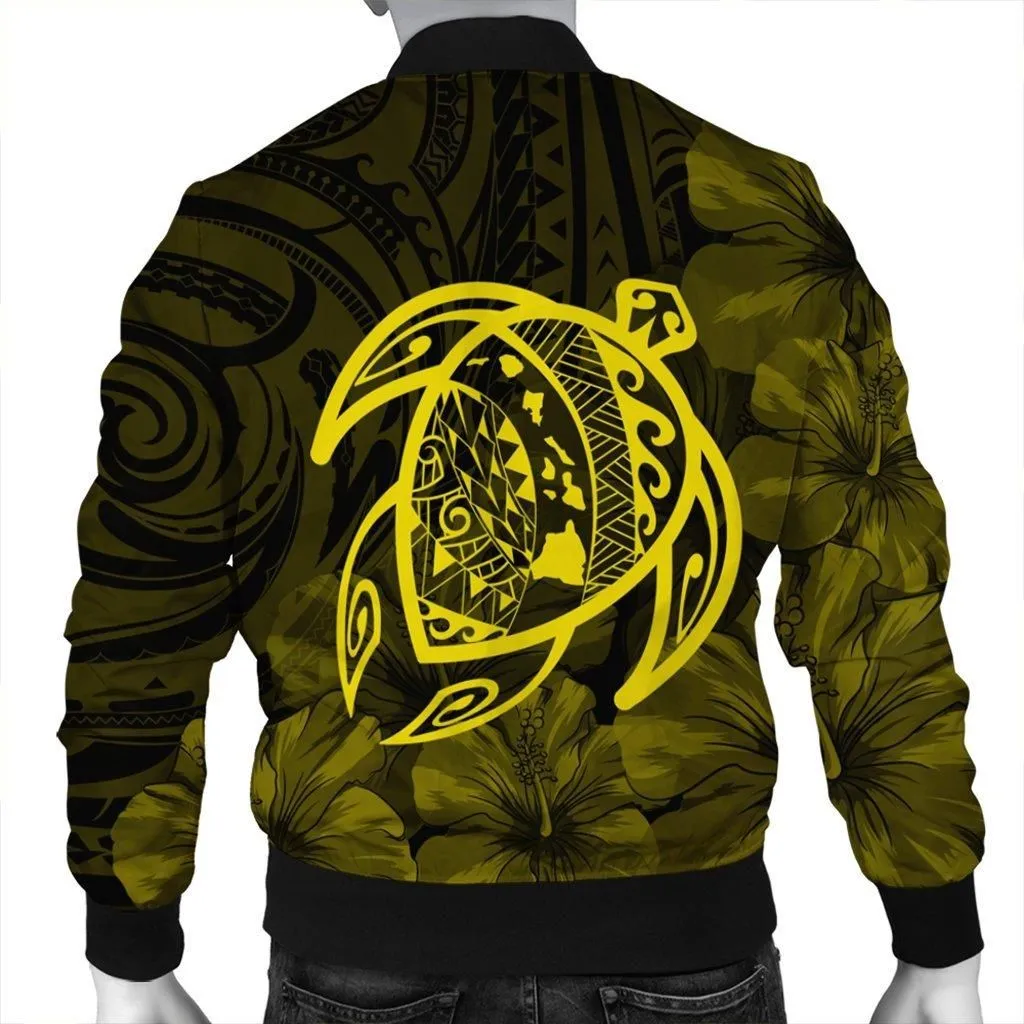 Hawaiian Map Turtle Kanaka Hibiscus Polynesian Bomber Jacket - Yellow - AH