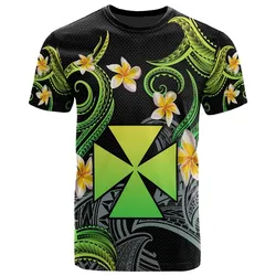 Wallis and Futuna T-shirt - Custom Personalised Polynesian Waves with Plumeria Flowers (Green)