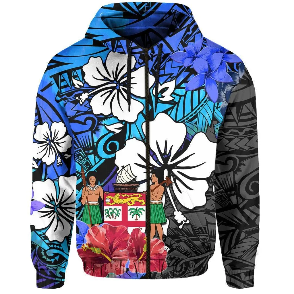 Fiji Tie Dye Hoodie Polynesian Blue Tribal Creative Tropical Flowers LT13