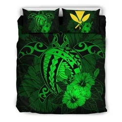 Hawaiian Map Hibiscus Kanaka Polynesian Bedding Set - Harold Turtle - Green - AH J9