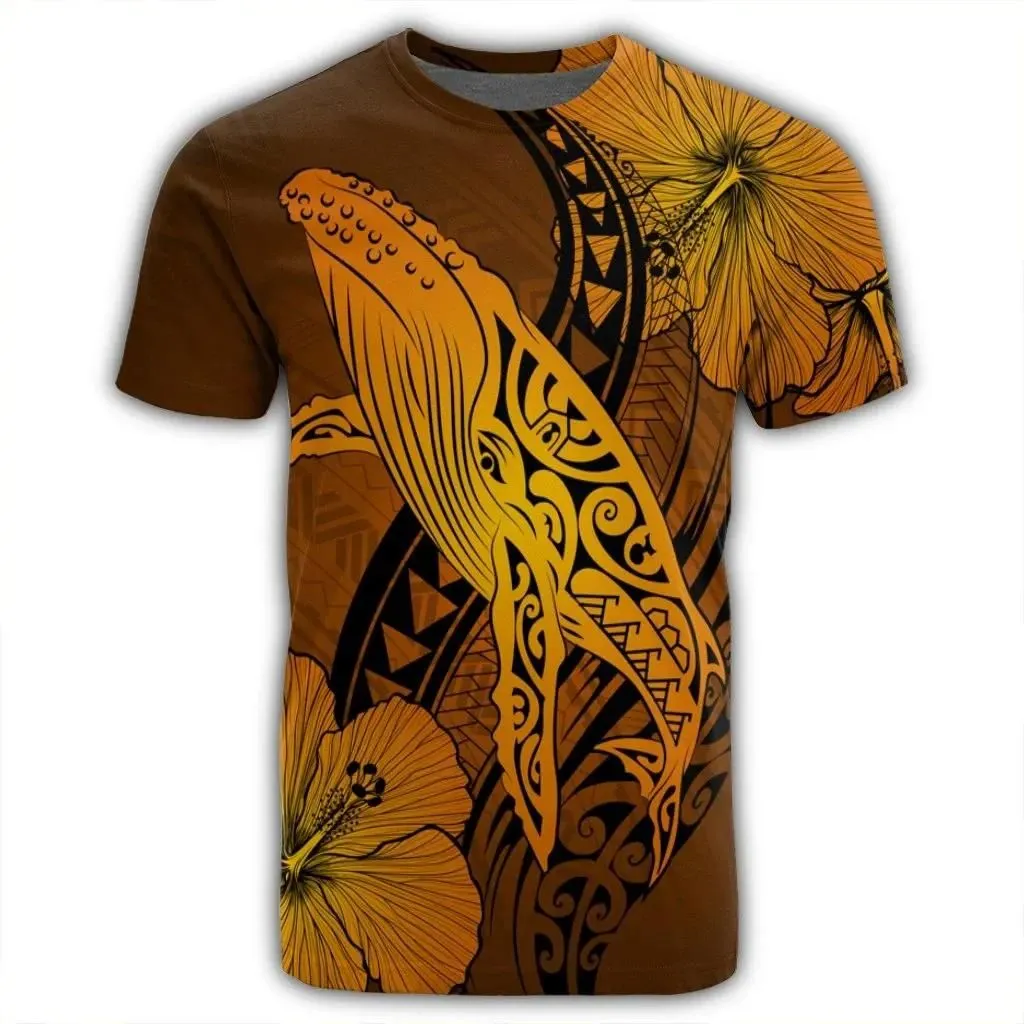 Alohawaii Tee - Hawaiian Map Whale Swim Hibiscus Polynesian T-shirt Orange - AH - J6R