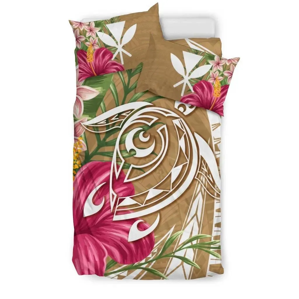 FamilyGater Home Set - Hawaii Polynesian Turtle Tropical Hibiscus Plumeria Bedding Set - Gold - AH - J4