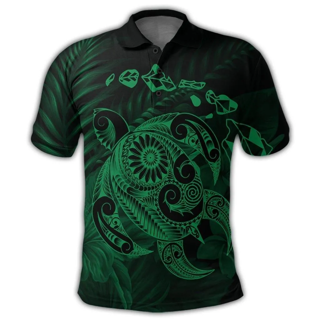 Hawaiian Map Turtle Tattoo Hibiscus Plumeria Polynesian Polo Shirt - Green