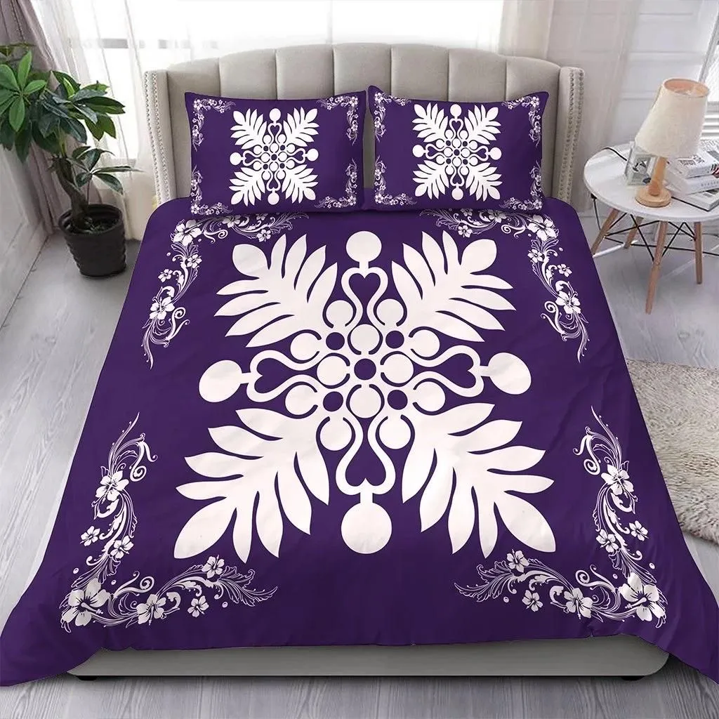 Alohawaii Home Set - Hawaiian Quilt Maui Plant And Hibiscus Pattern Bedding Set - White Purple - AH J8
