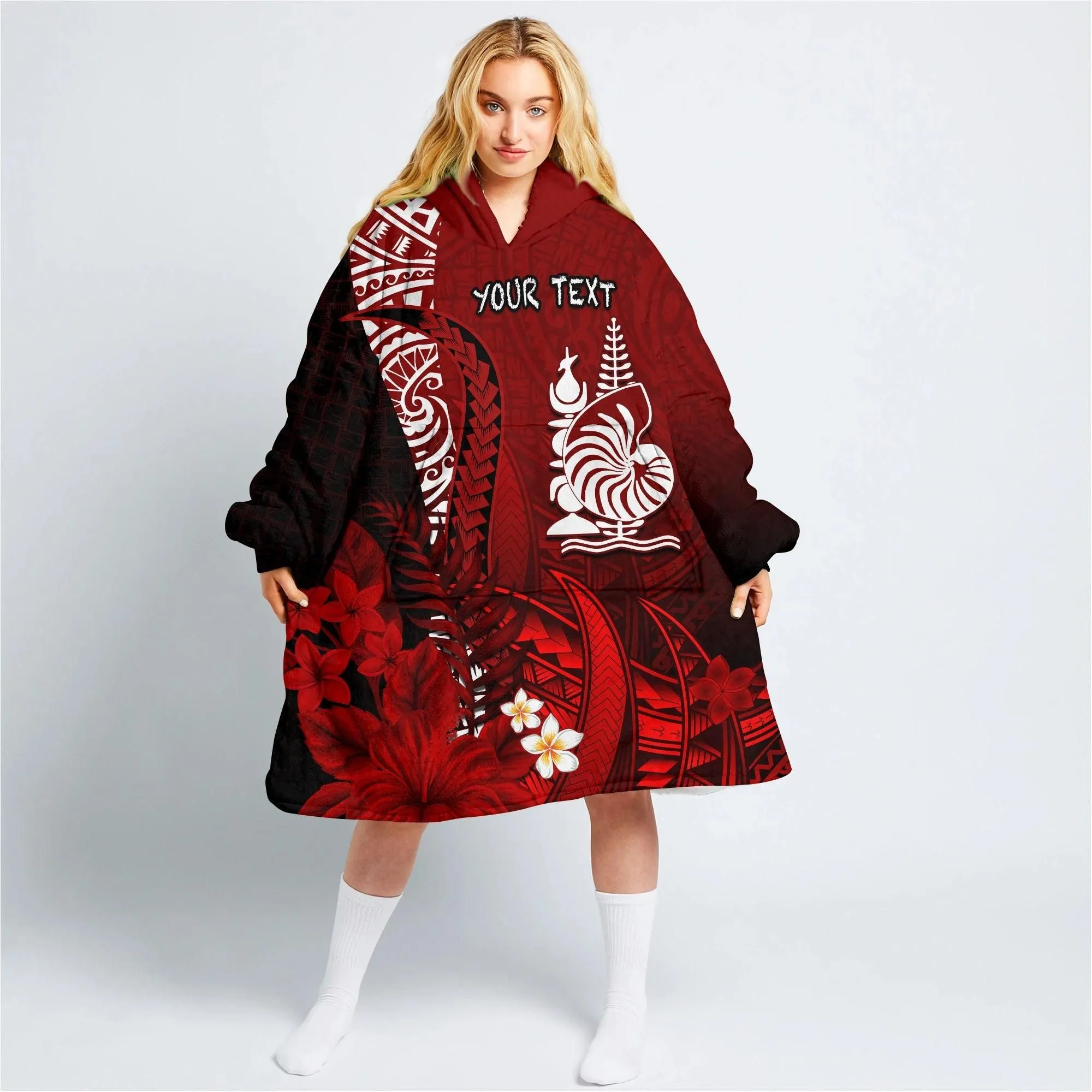 (Custom Personalised) New Caledonia Wearable Blanket Hoodie Nautilus Red Polynesian Hibiscus LT13