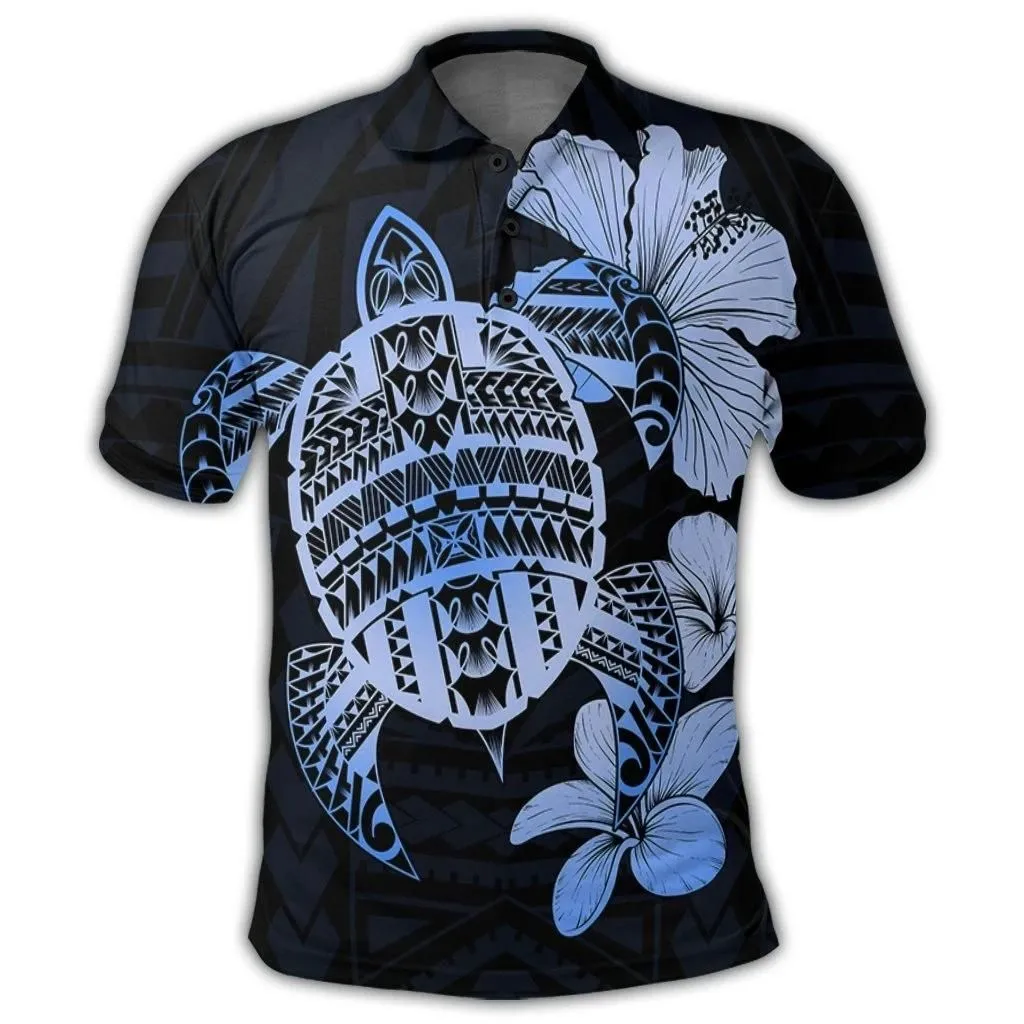 Alohawaii Shirt - Hawaiian Kanaka Hibiscus Plumeria Mix Polynesian Turtle Polo Shirt - Blue - AH - JR