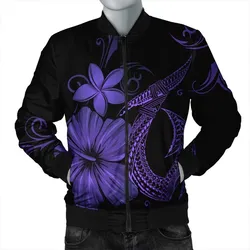 Hawaiian Fish Hook Hibiscus Plumeria Polynesian Bomber Jacket - Purple - AH