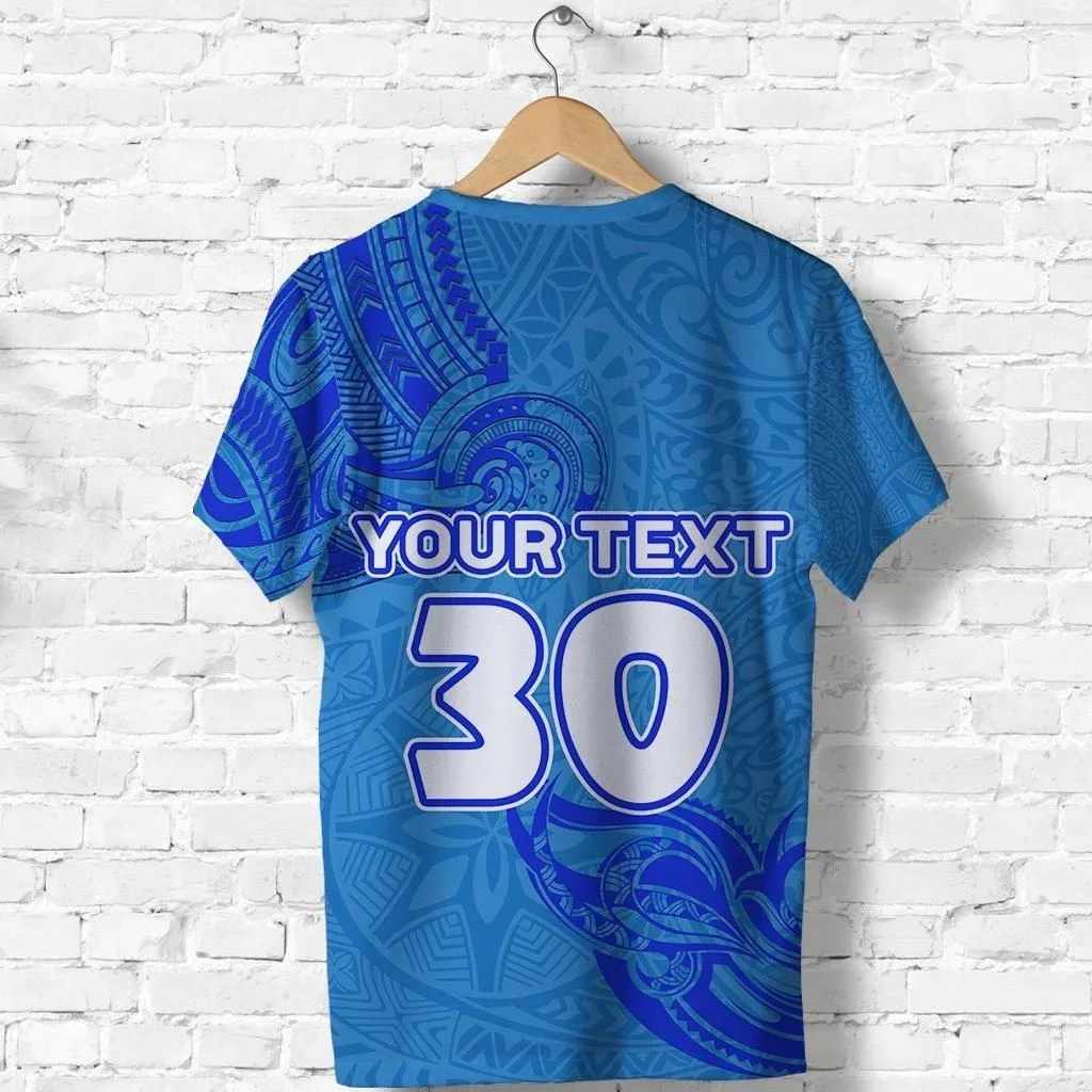 (Custom Personalised) Blue T Shirt Fiji Rugby Polynesian Waves Style, Custom Text And Number