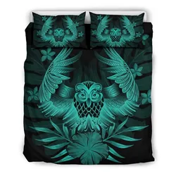 Hawaiian Owl Hibiscus Plumeria Polynesian Bedding Set - Turquoise - AH J4