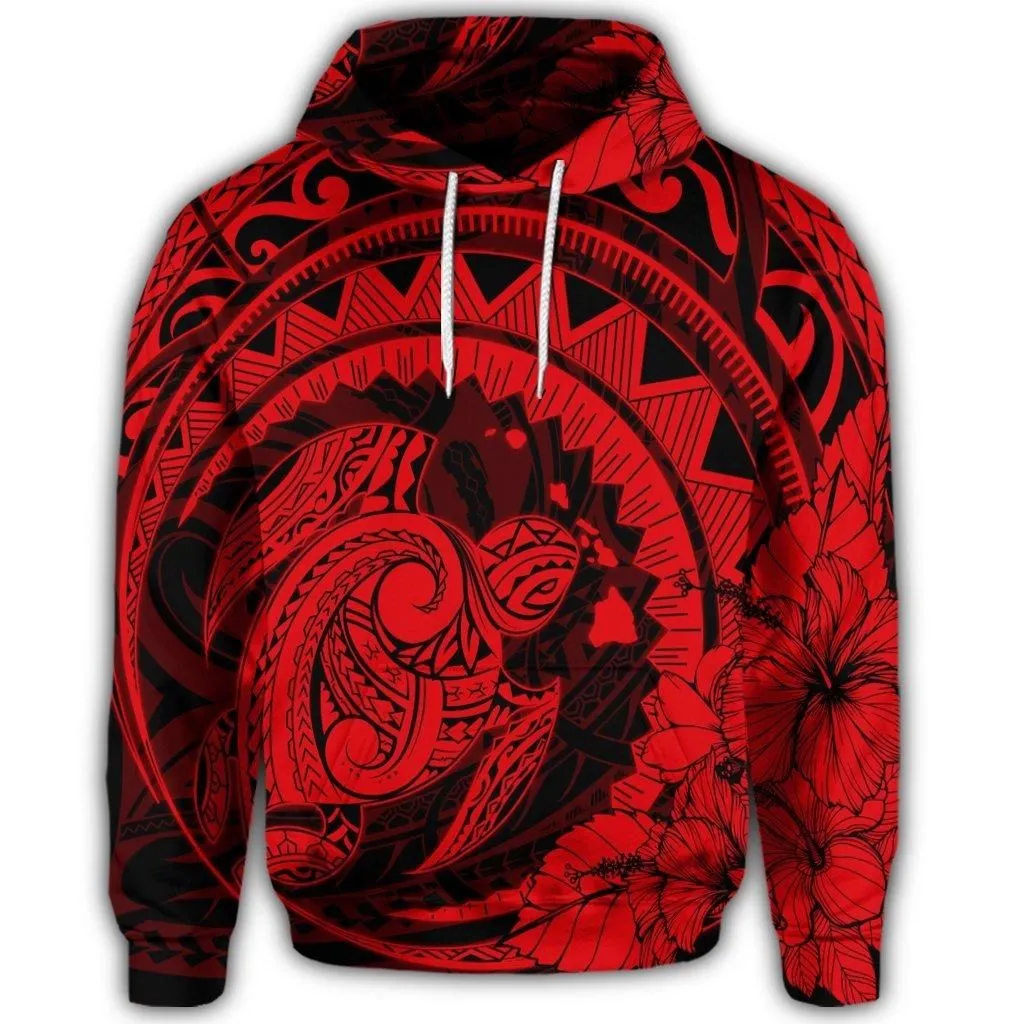 Hawaiian Kanaka Honu Map Hibiscus Globular Polynesian Red Hoodie