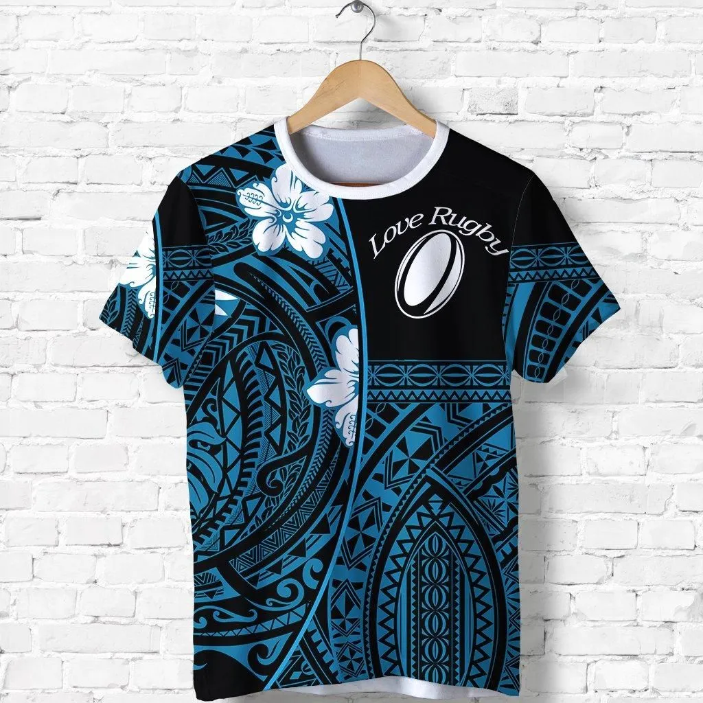 (Custom Personalised) Polynesian Rugby T shirt Love Blue - Custom Text and Number