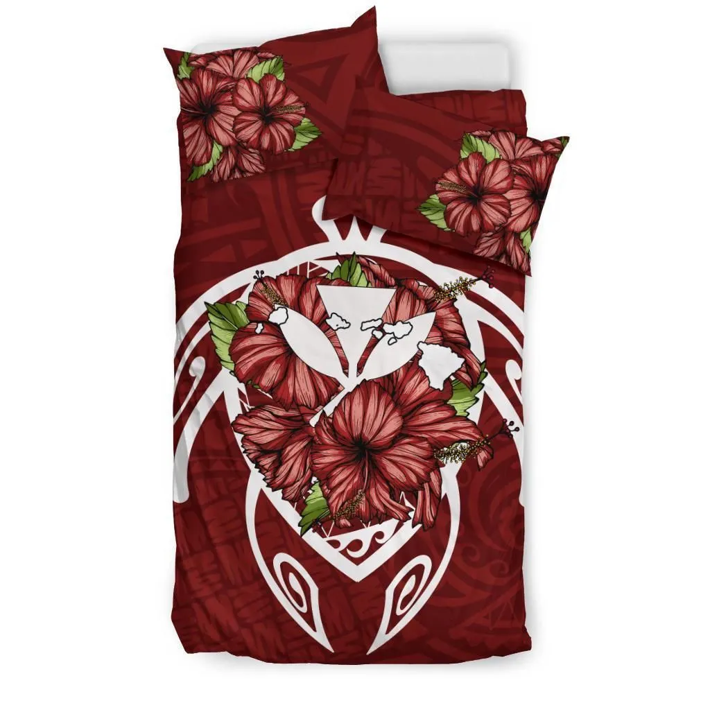 Hawaiian Bedding Set - Hawaii Turtle Hibiscus Polynesian Bedding Set - Red Three