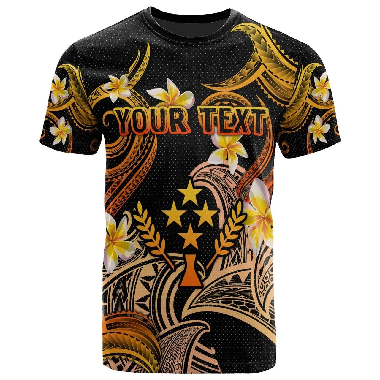 Kosrae T-shirt - Custom Personalised Polynesian Waves with Plumeria Flowers (Orange)
