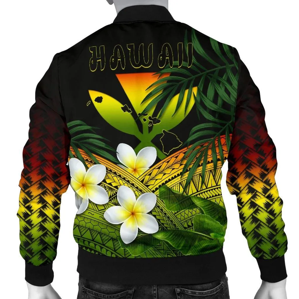 Kanaka Maoli (Hawaiian) Mens Bomber Jacket, Polynesian Plumeria Banana Leaves Reggae