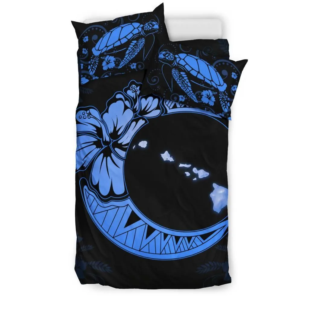Hawaiian Map Hibiscus Turtle Polynesian Moon Bedding Set Deep Blue