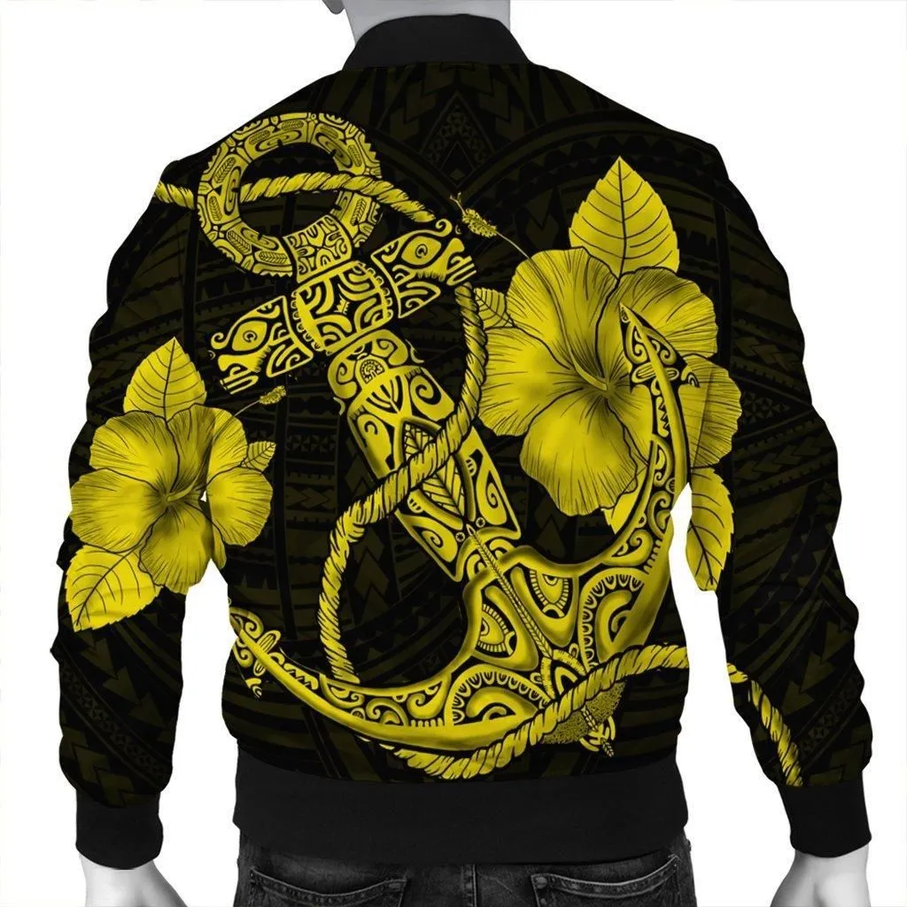 Hawaiian Anchor Poly Tribal Hibiscus Polynesian Bomber Jacket Yellow