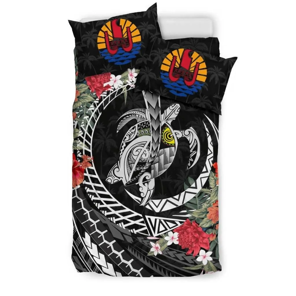 FamilyGater Bedding Set - Cover and Pillow Cases Tahiti - Polynesia Map Turtle Hibiscus A24