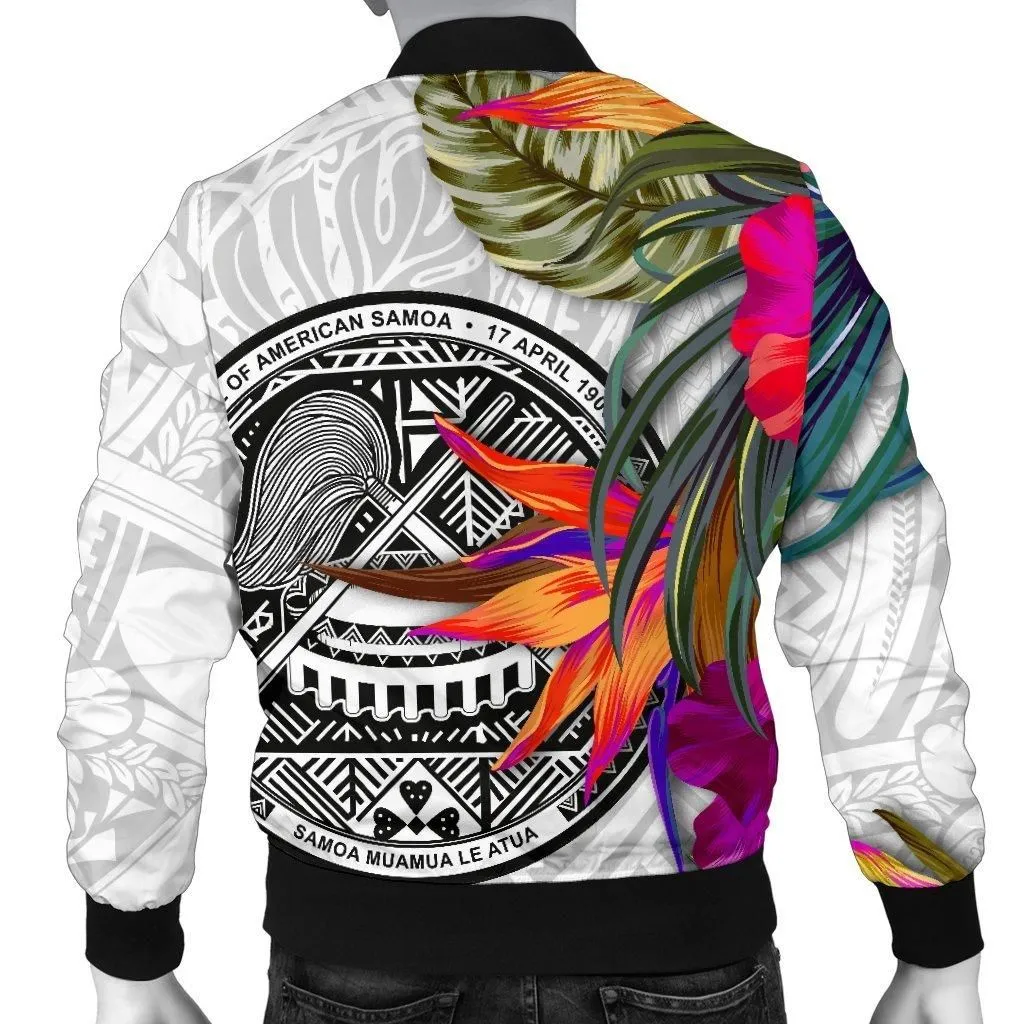 American Samoa Mens Bomber Jacket Hibiscus Polynesian pattern White
