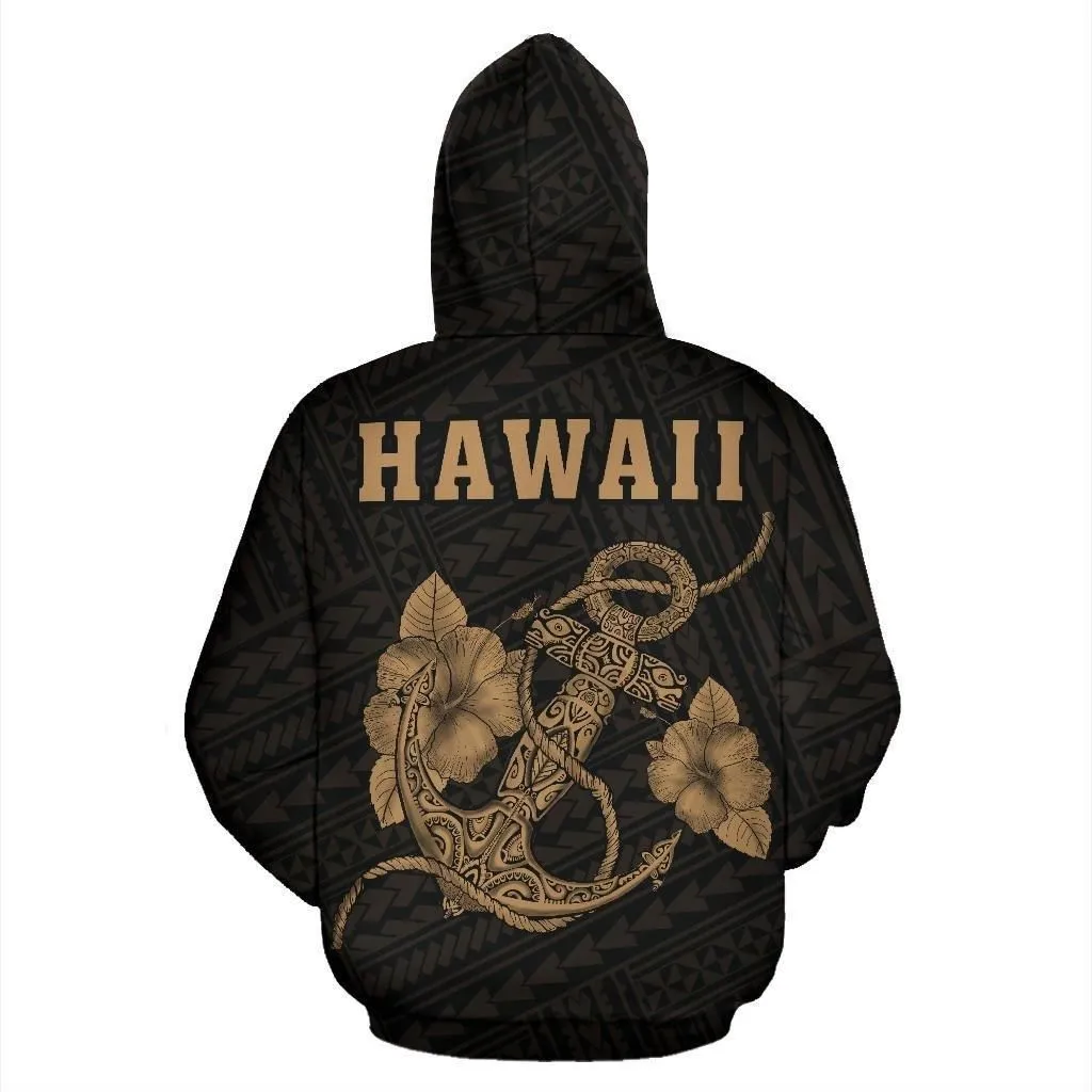 Alohawaii Clothing - Hoodie Polynesian Kakau Anchor Hibiscus Hawaii Gold - AH - J16