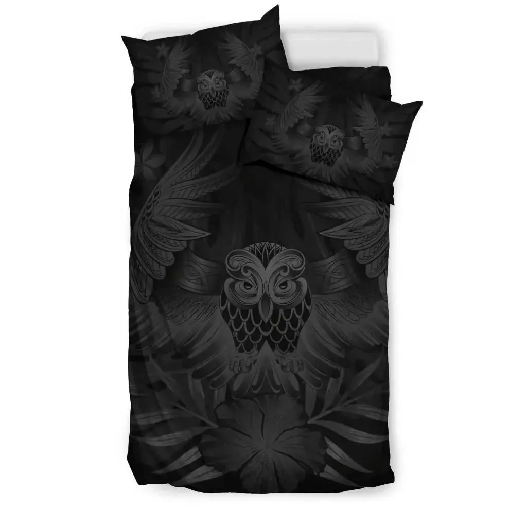 FamilyGater Home Set - Hawaiian Owl Hibiscus Plumeria Polynesian Bedding Set - Gray - AH J4