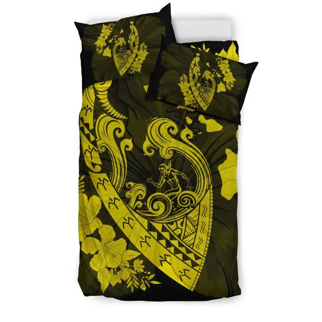 Hawaiian Fish Hook Hibiscus Banzai Surfing Polynesian Bedding Set Yellow - AH - J5