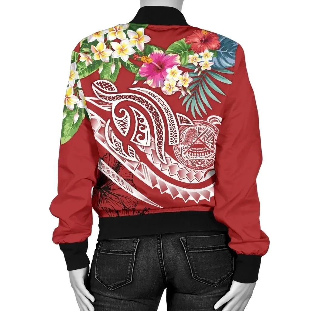 Polynesian American Samoa Women's Bomber Jacket - Summer Plumeria (Red) - BN15