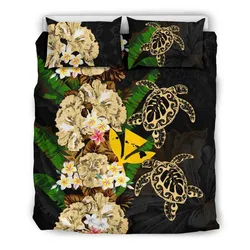 Kanaka Maoli (Hawaiian) Bedding Set - Polynesian Hibiscus Turtle Palm Leaves Gold