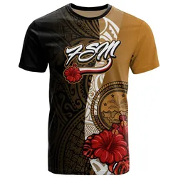 Federated States Of Micronesia T-Shirt - Coat Of Arms With Hibiscus Gold - BN12