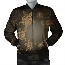 Hawaiian Plumeria Hibiscus Turtle Under Sea Polynesian Bomber Jacket Gold