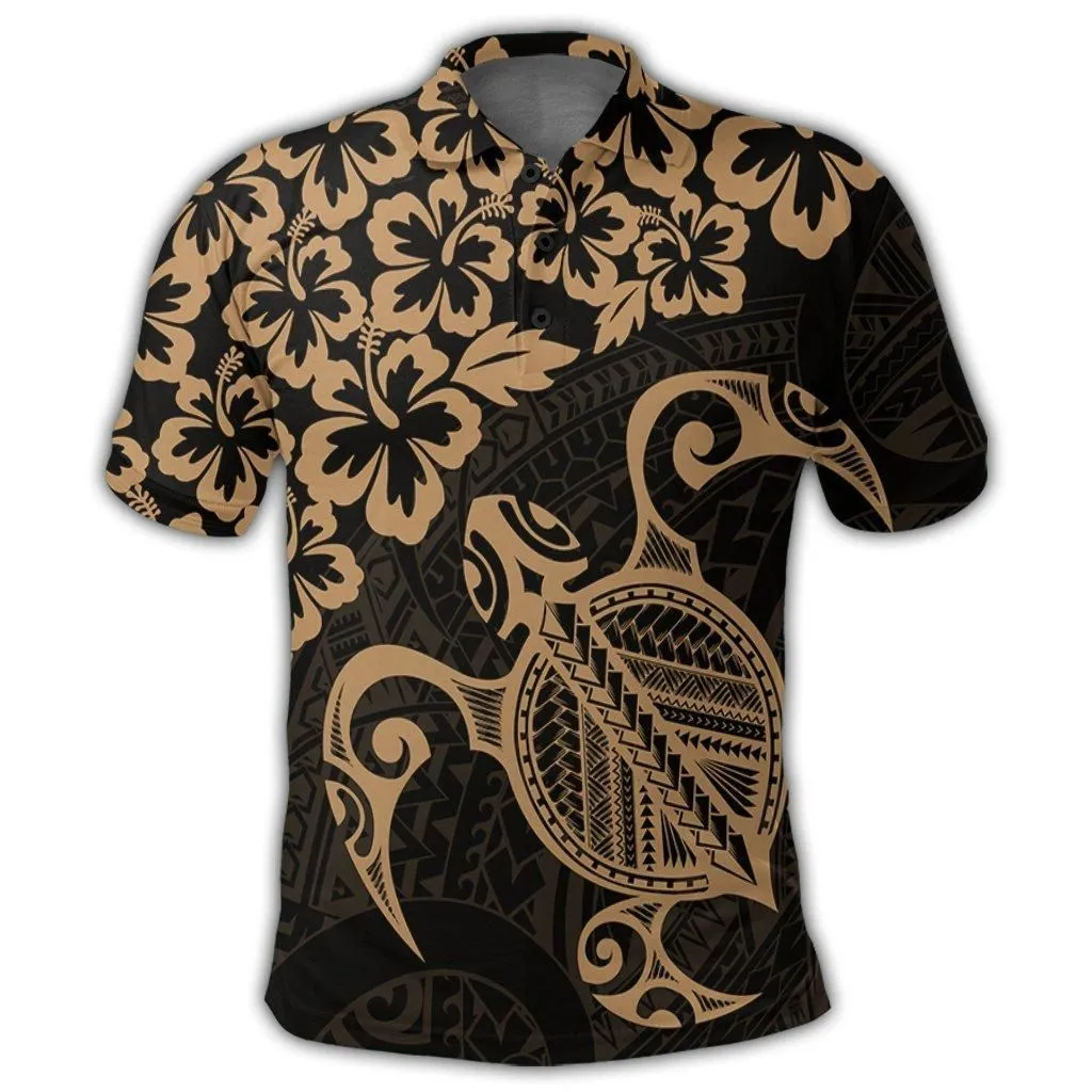 Hawaiian Map Turtle Hibiscus Kanaka Polynesian Polo Shirt - Gold - AH