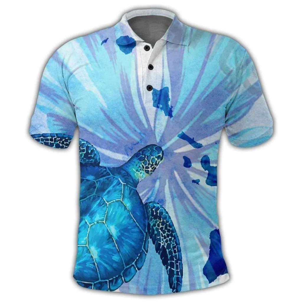 Hawaiian Map Hibiscus Flower Turtle Polynesian Polo Shirt Blue
