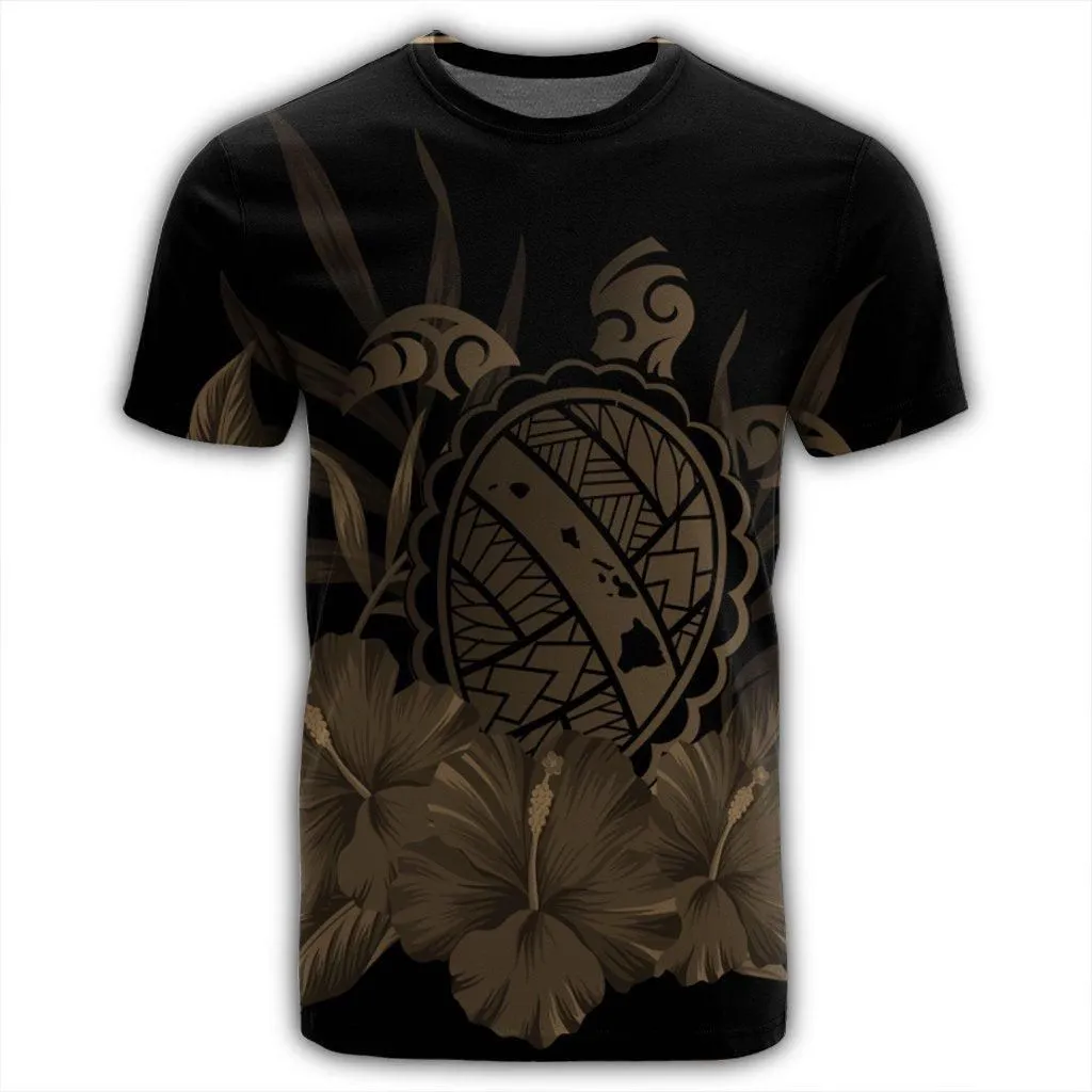 Hawaiian Map Turtle Hibiscus Polynesian T-Shirt - Gold - AH