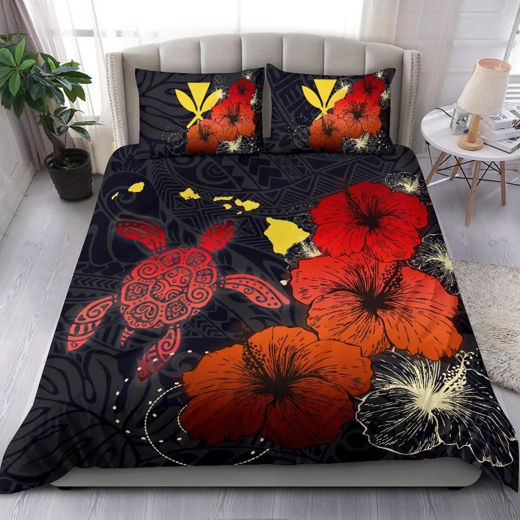Alohawaii Bedding Set - Cover and Pillow Cases Hawaiian Hibiscus Turtle Polynesian - Maps Style Red A10