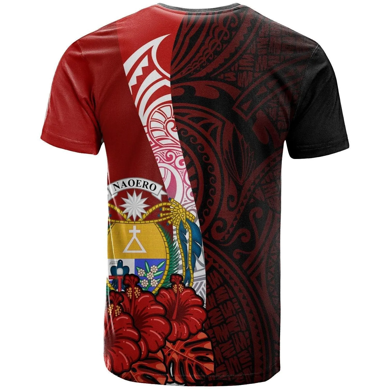 Nauru Polynesian Custom Personalised T shirt - Coat Of Arm With Hibiscus