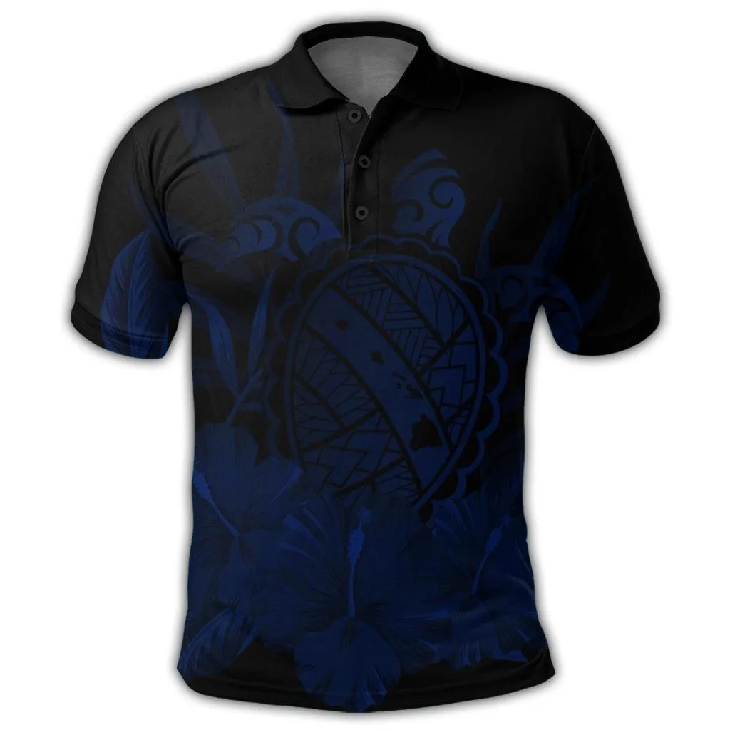 Hawaiian Map Turtle Hibiscus Polynesian Polo Shirt - Blue
