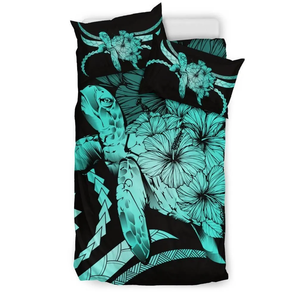 Hawaiian Bedding Set - Hawaii Turtle Hibiscus Polynesian Vintage Bedding Set - Turquoise