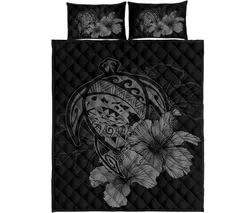 Hawaiian Map Turtle Hibiscus Polynesian Quilt Bedding Set - Gray