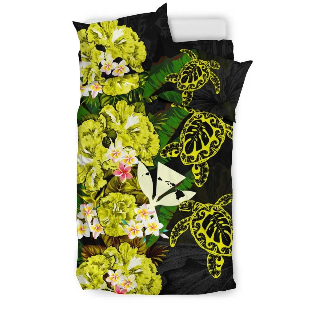 Kanaka Maoli (Hawaiian) Bedding Set - Polynesian Hibiscus Turtle Palm Leaves Yellow A02