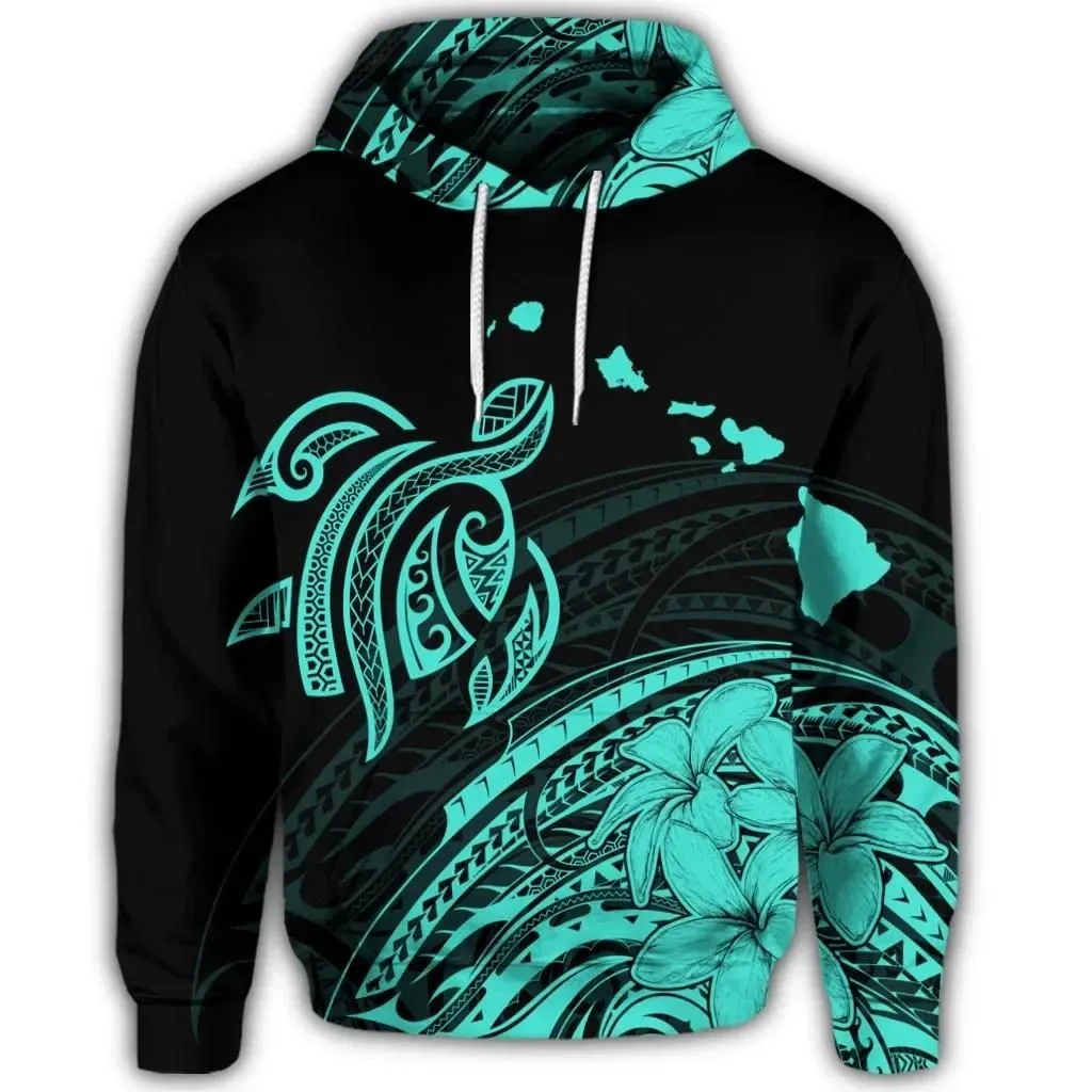 Alohawaii Hoodie - Hawaiian Turtle Polynesian Map Plumeria Hoodie Turquoise - AH - JR