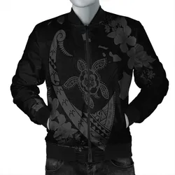Hawaiian Map Hibiscus Turtle Fish Hook Polynesian Bomber Jacket Grey