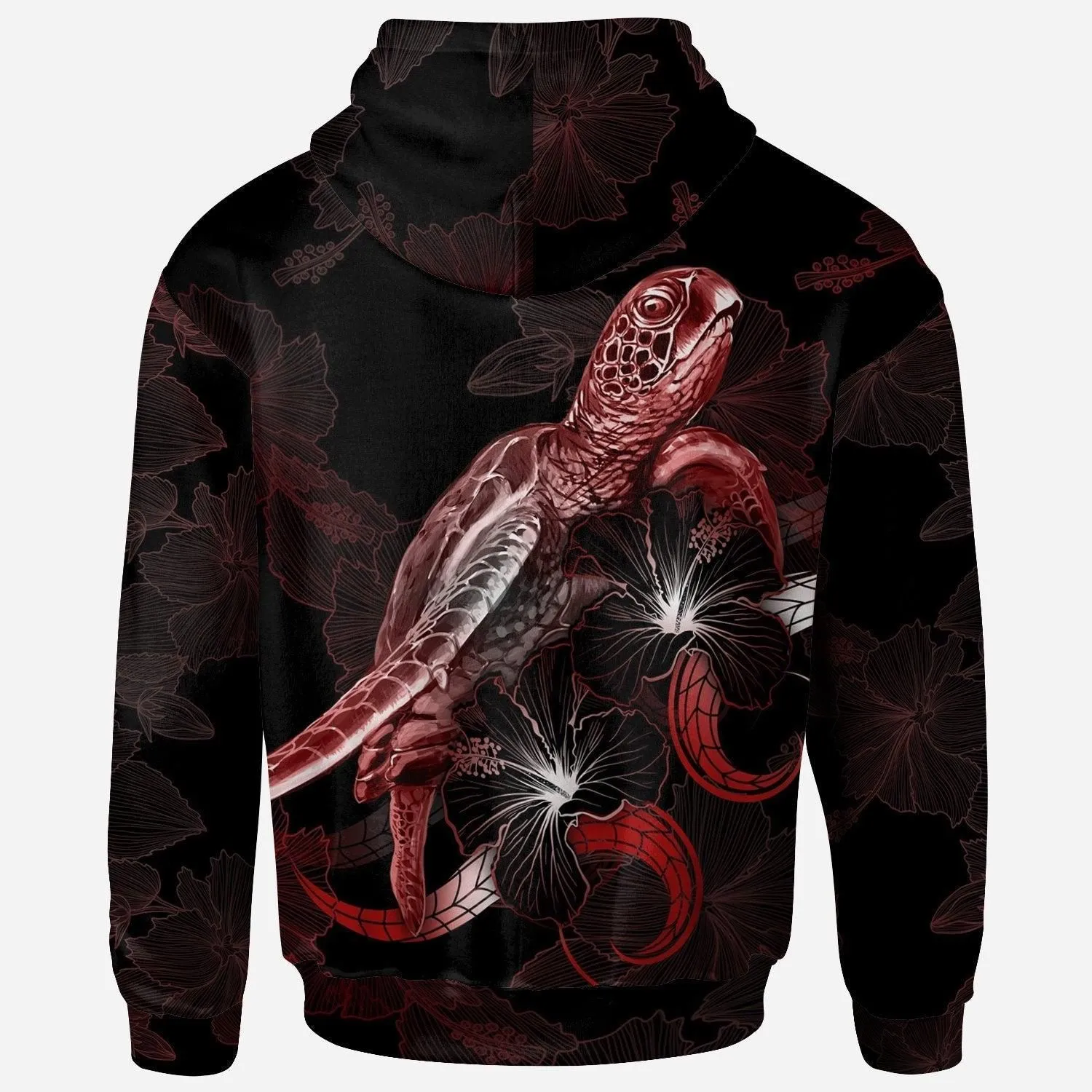 CNMI Polynesian Hoodie - Turtle With Blooming Hibiscus Red