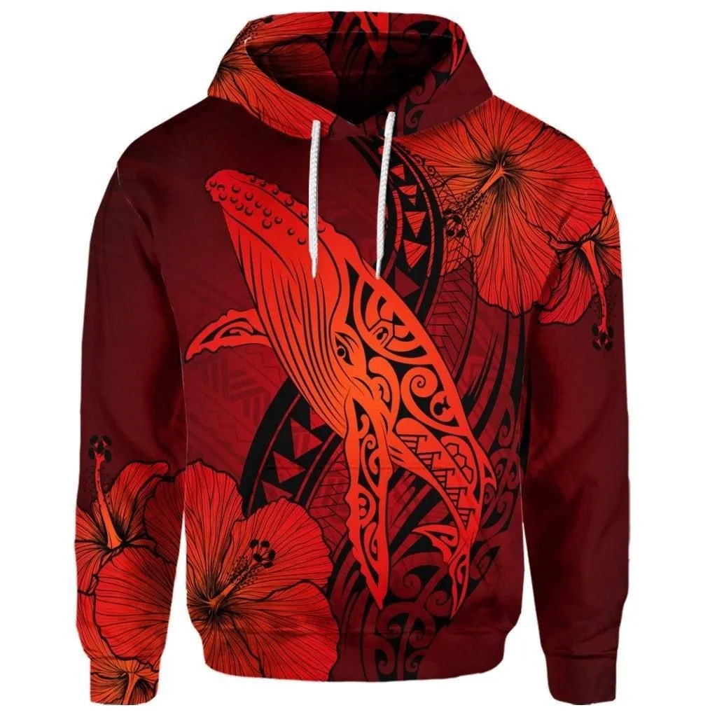 (Personalised) Hawaiian Map Whale Swim Hibiscus Polynesian Hoodie - Red