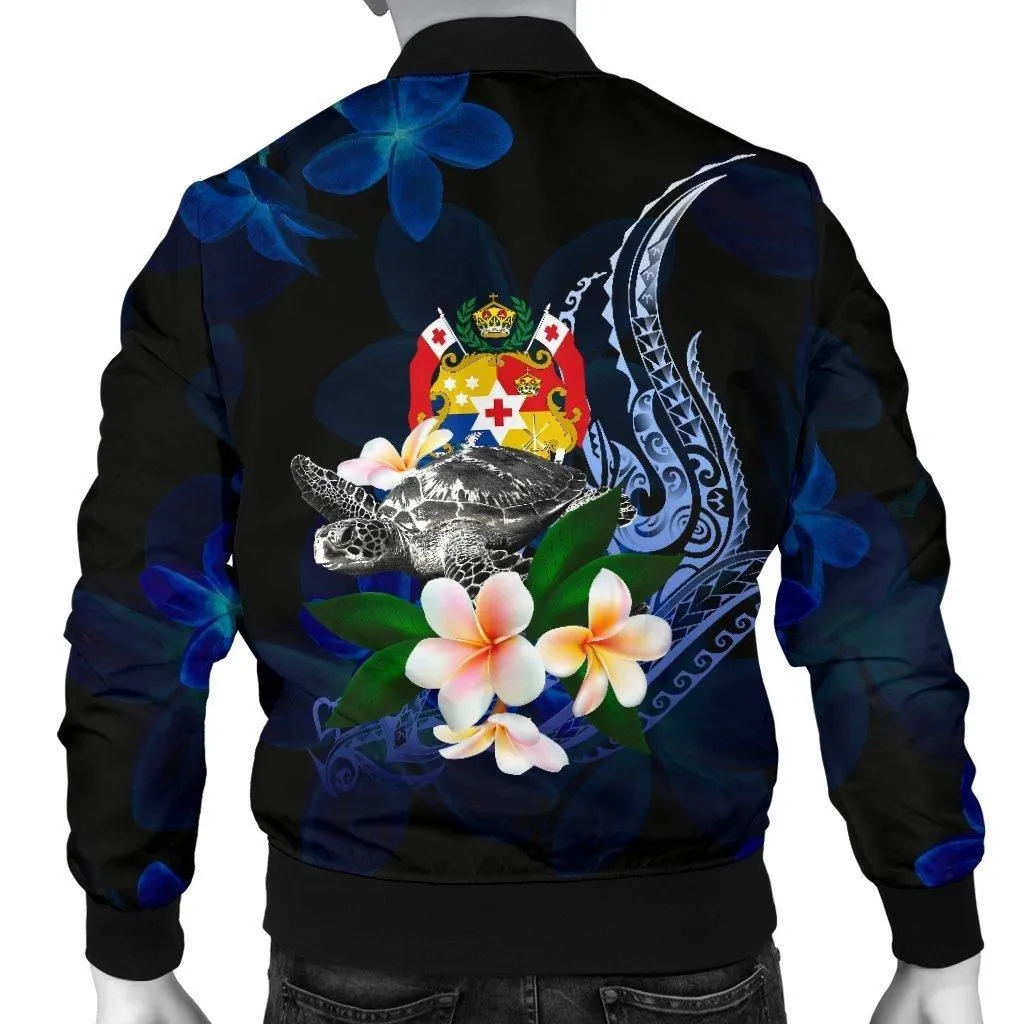Tonga Polynesian Mens Bomber Jacket - Turtle With Plumeria Flowers