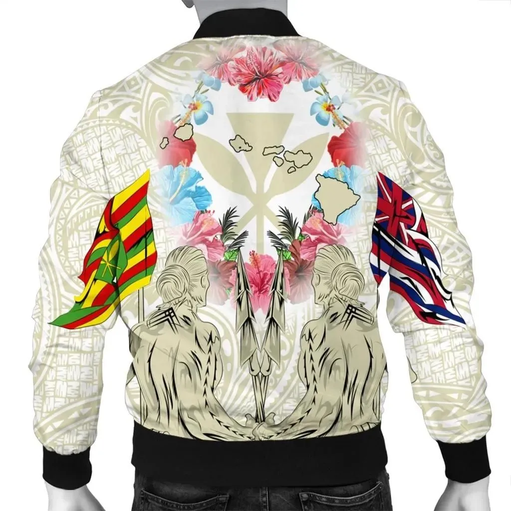Alohawaii Jacket - Hawaii Map Kanaka Two Men Holding Flag Bomber Jacket Beige - AH - J5R