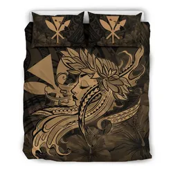 Hawaiian Map Hula Girl Hibiscus Kanaka Polynesian Bedding Set - Gold