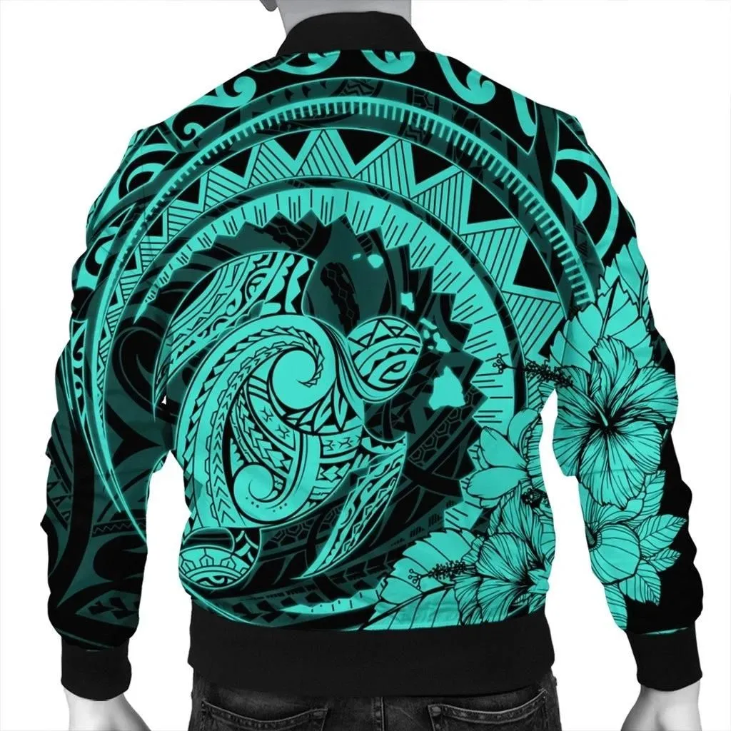Alohawaii Jacket - Hawaiian Kanaka Honu Map Hibiscus Globular Polynesian Turquoise Bomber Jacket - AH - JR