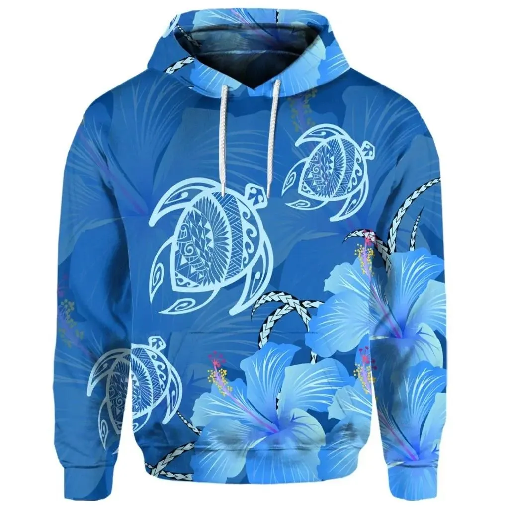 Alohawaii Hoodie - (Personalised) Hawaii Blue Hibiscus Turtle Polynesian Hoodie - AH - J4R